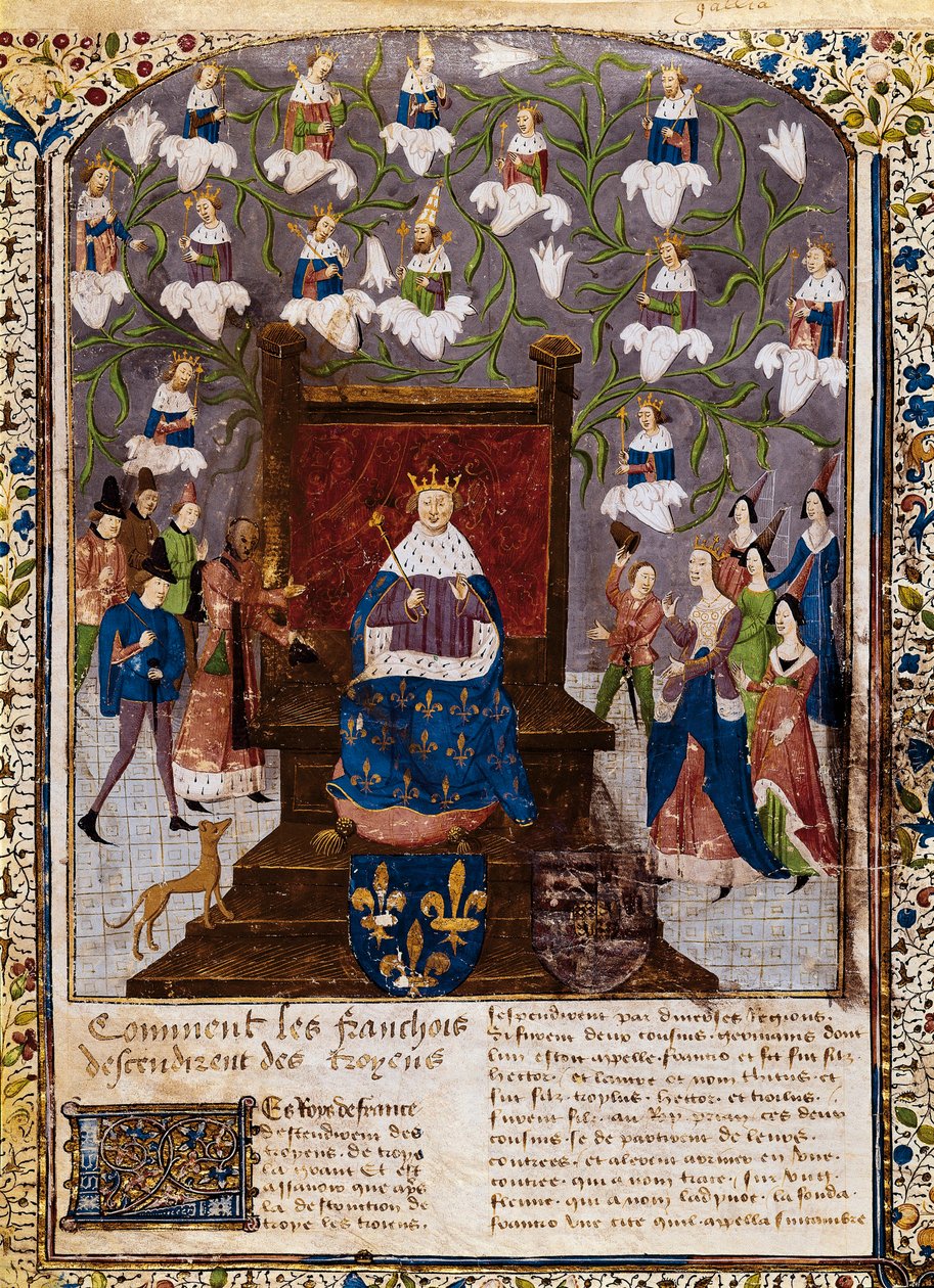 Karel VII. s geneaologickým stromem rodu Valois, z „Grandes Chroniques de France“ (vellum) od French School