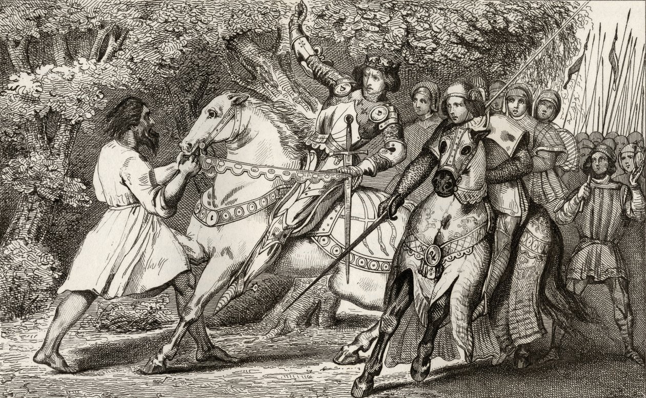 Karel VI. (1368-1412) Šílený je informován o přepadení v lese poblíž Angers, z Colartovy knihy "Histoire de France", vydané kolem roku 1840. od French School