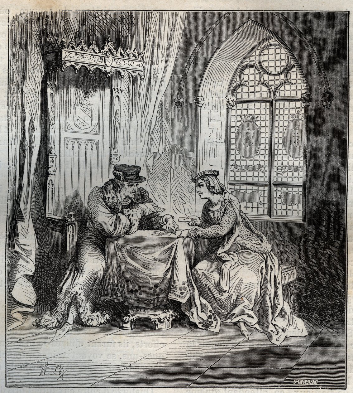 Charles VI (1380-1422) a Odette de Champdivers - francouzský král Karel VI., známý jako Charles the Good Aime, poté Charles the Fol (1368-1422) se svou milenkou Odinette (Odette) de Champdivers (asi 1390-kolem 1425) hrací karty rytina v „Paris a t od French School