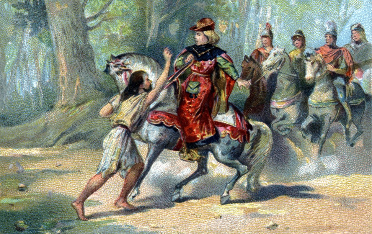 V lese Le Mans se zbláznil Karel VI. chromolitografie konce 19. století od French School