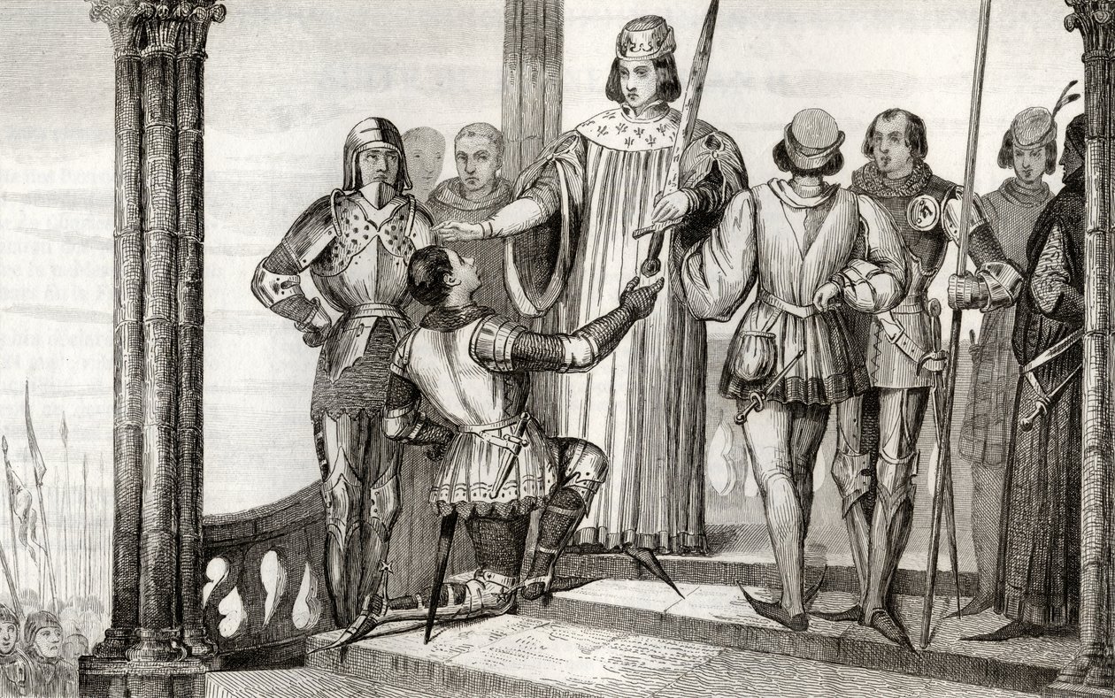 Karel V. (1358-80) Moudrý předkládá Duguesdinovi svůj meč z „Histoire de France“ od Colarta, vydaného kolem roku 1840 od French School