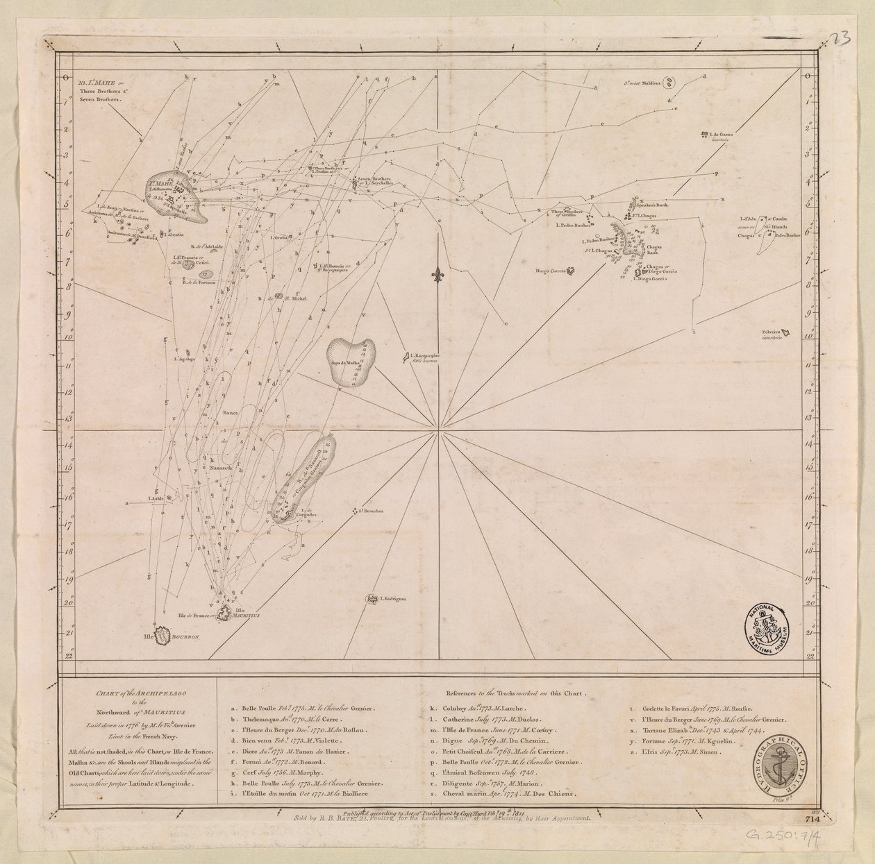Mapa souostroví na sever od Mauricia, kterou v roce 1776 sestavil M le Victe Grenier, poručík francouzského námořnictva [zahrnuje Seychely, nejjižnější Maledivy, skupinu Mauricius a souostroví Chagos]. od French School