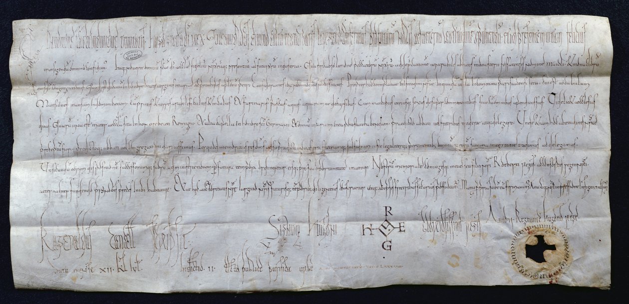 Charta podepsaná Huguesem I Capetem (941-996), francouzským králem, 988 (pero a inkoust na papíře) od French School