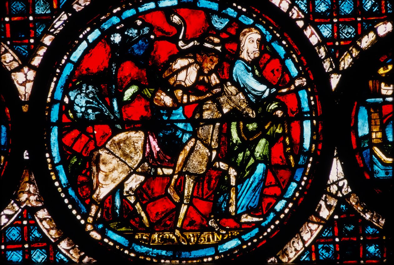 Katedrála v Chartres, vitrážové okno s kruhovou vitráží Dobrý Samaritán od French School