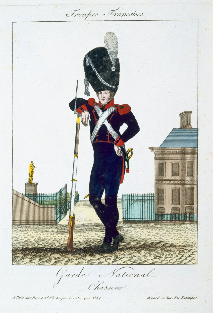 Chasseur Národní gardy, z Troupes Francaises, hospoda. chez Basset, Paříž, kolem roku 1790 od French School