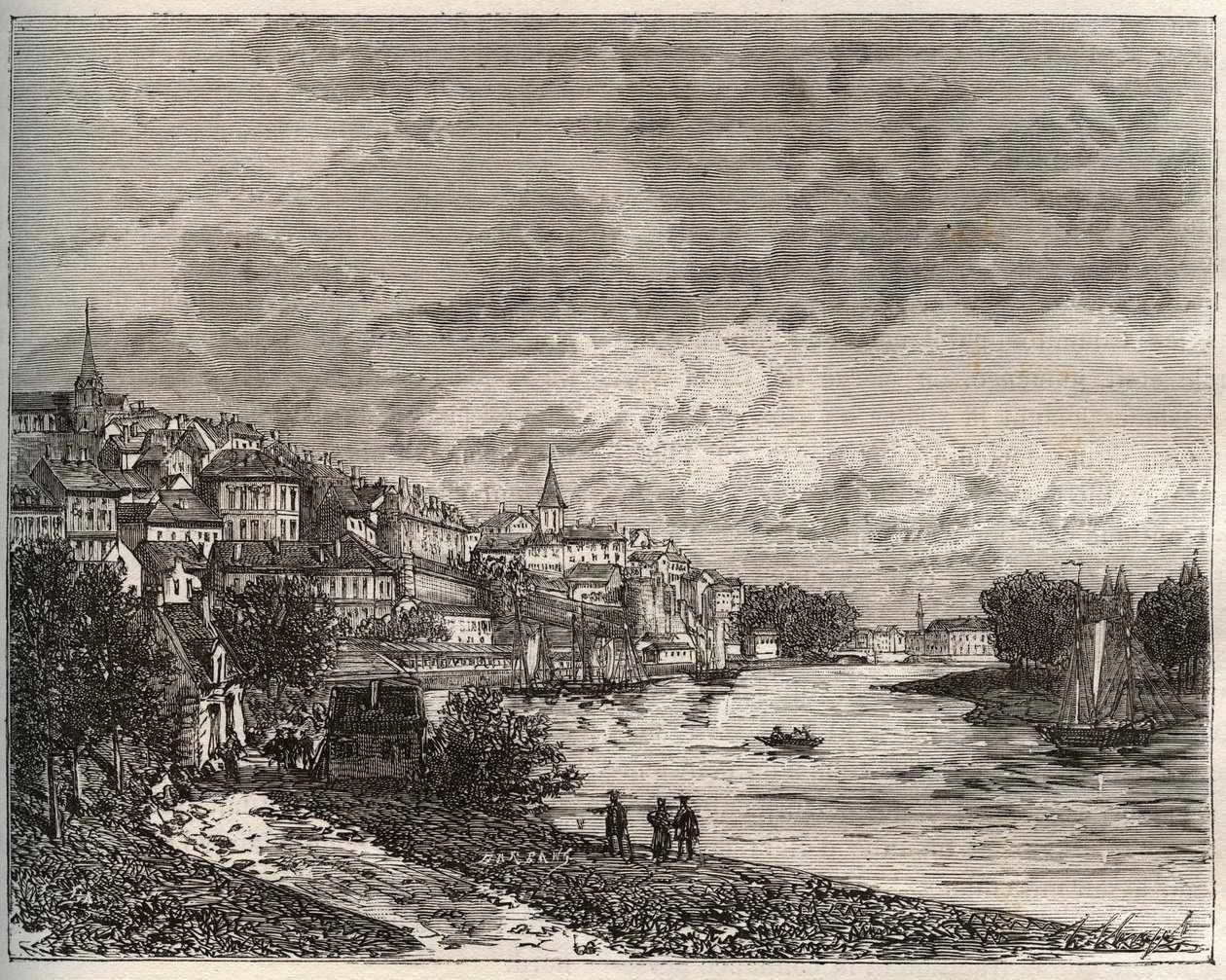 Chateau-Gontier (Chateau Gontier) - Mayenne v oblasti Pays de la Loire - rytina v „La France illustrée: geography, history, administrationstatistique“ od V.-A. Sladově hnědá. 1884 od French School