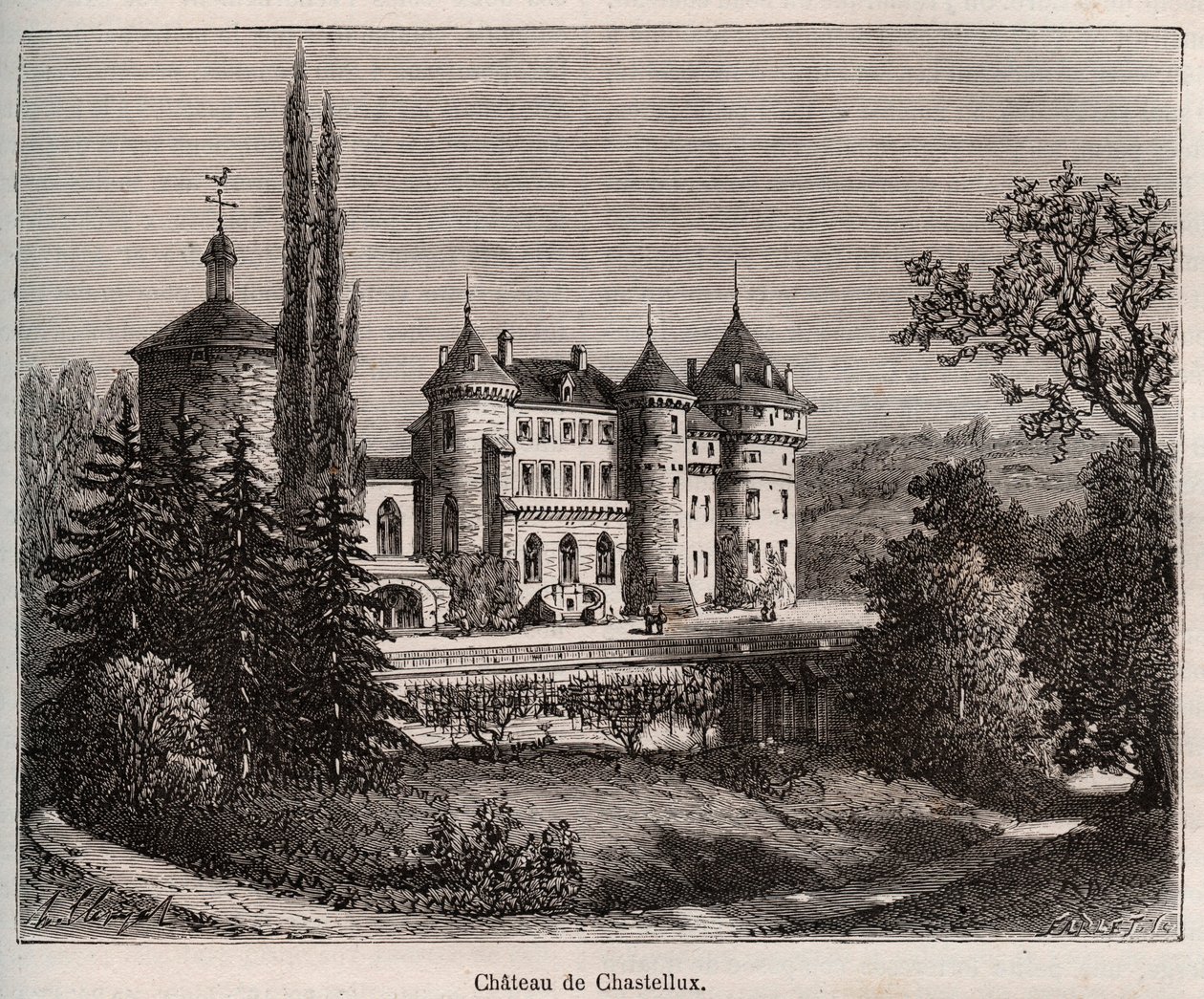 Chateau de Chastellux - Chastellux sur cure, Burgundsko - rytina v „La France illustree: geografie, historie, statistická správa“ od V.-A. Sladově hnědá. 1884 od French School