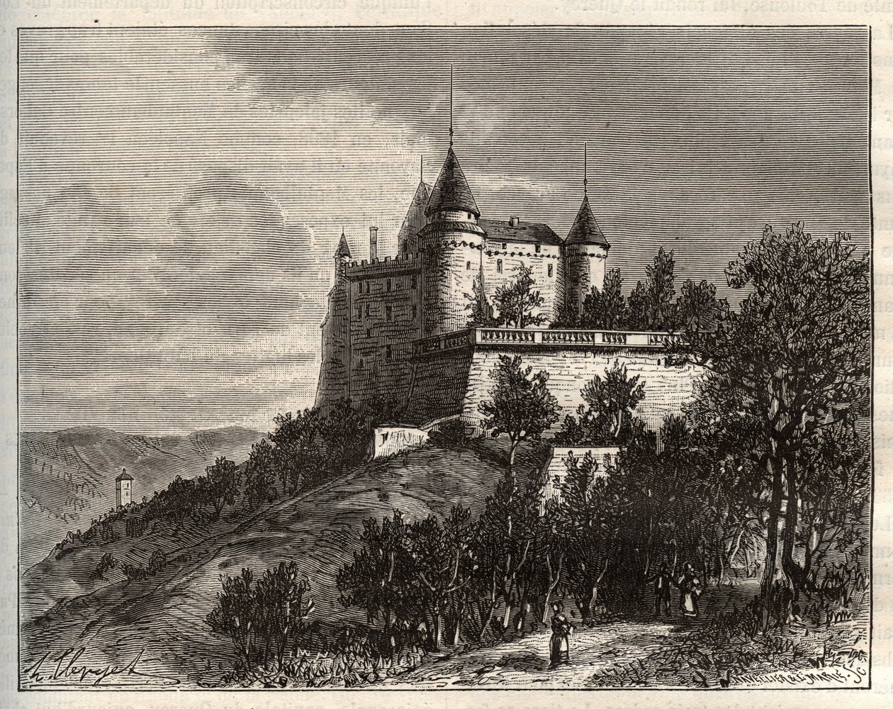 Chateau de Mercues - Cahors - rytina v „La France illustree: geografie, historie, statistická správa“ od V.A. Sladově hnědá. 1884 od French School