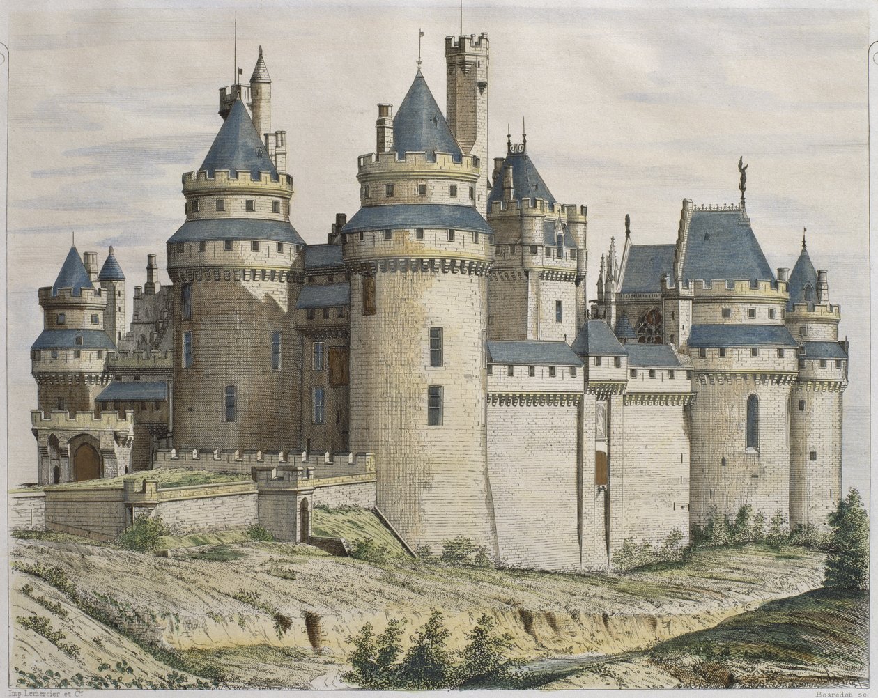 Chateau de Pierrefonds, ilustrace z Le Moniteur des architectes, vyryto Bosredonem (barevná rytina) od French School