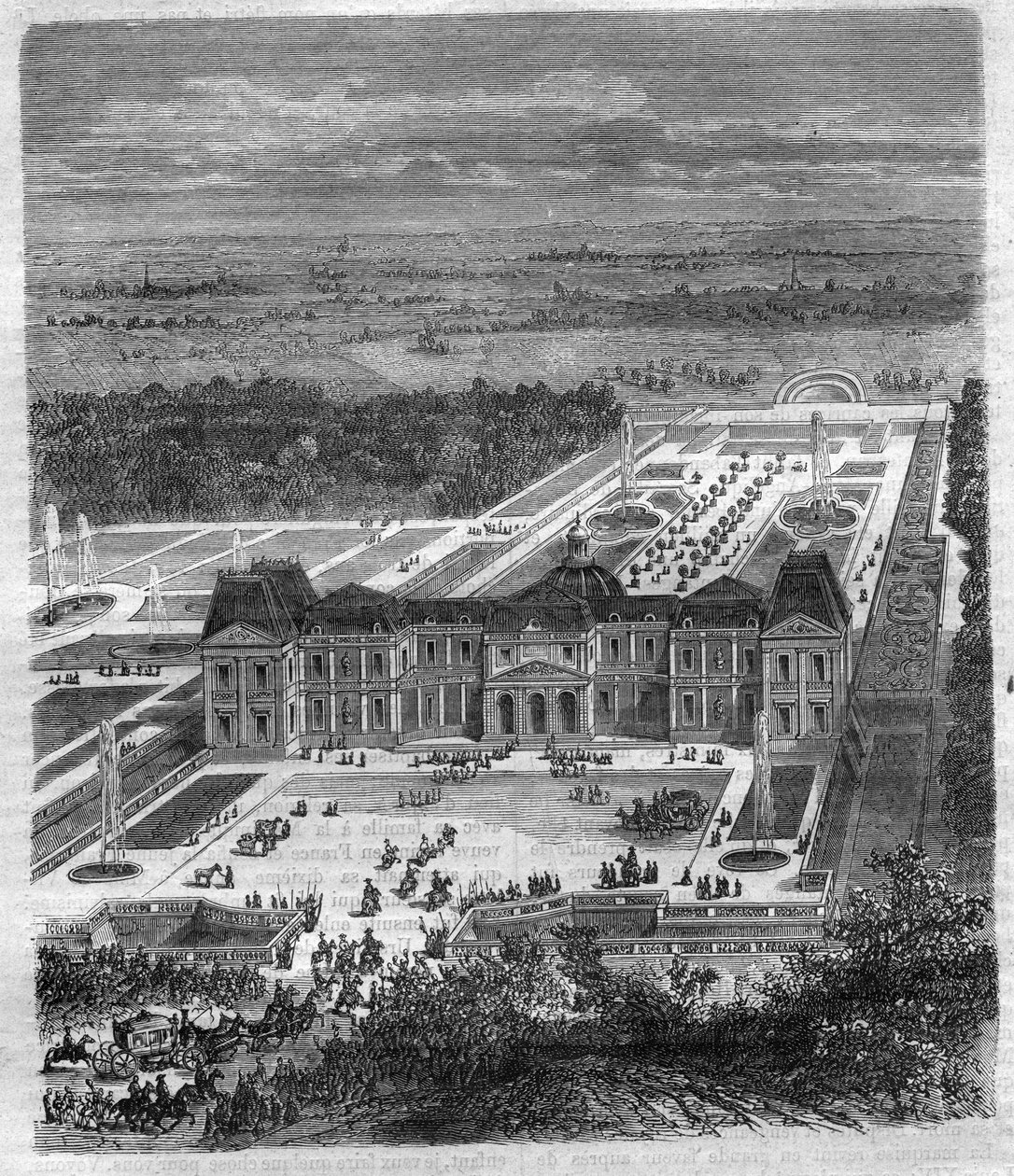 Chateau de Vaux Le Vicomte (Vaux-Le-Vicomte) od Nicolase Fouqueta (1615-1680), vikomta de Melun a de Vaux superintendenta financí Ludvíka XIV. Rytina v „Historie papežů-králů-královen a císařů v průběhu staletí““ od Maurice Lachatre od French School