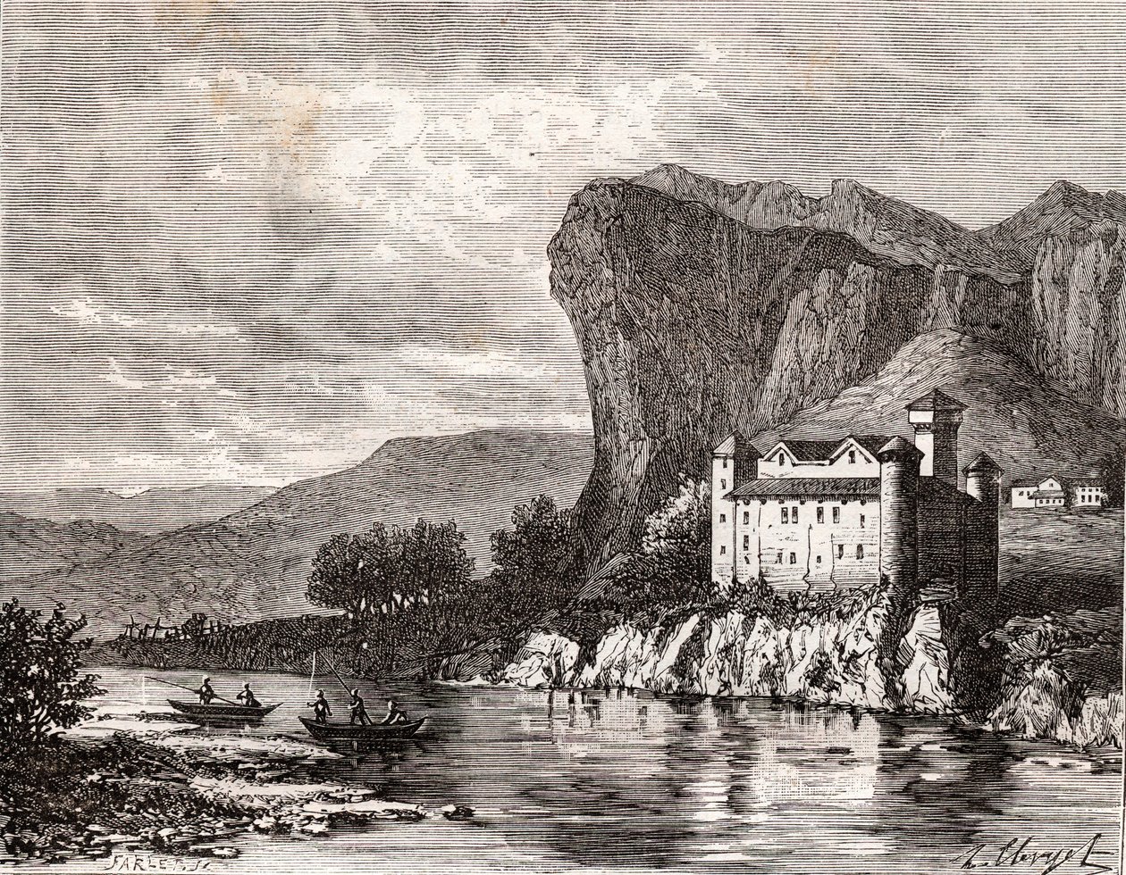 Chateau de la Caze en Lozere - rytina v „La France illustree: geografie, historie, statistická správa“ od V.A. Sladově hnědá. 1884 od French School
