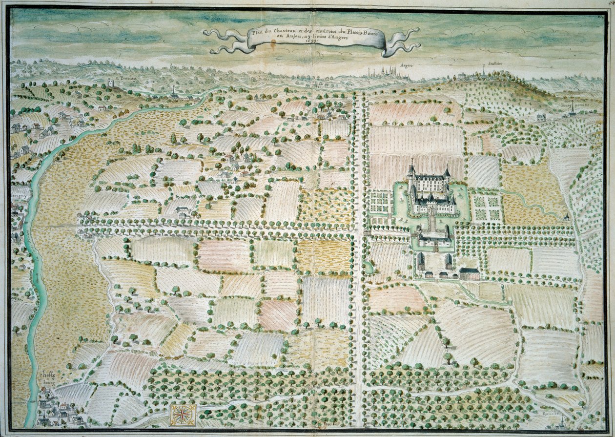 Chateaux de la Loire: “” Pohled na zámek Plessis Bourre”” Akvarel francouzské školy. 1699 Paříž, B.N. od French School