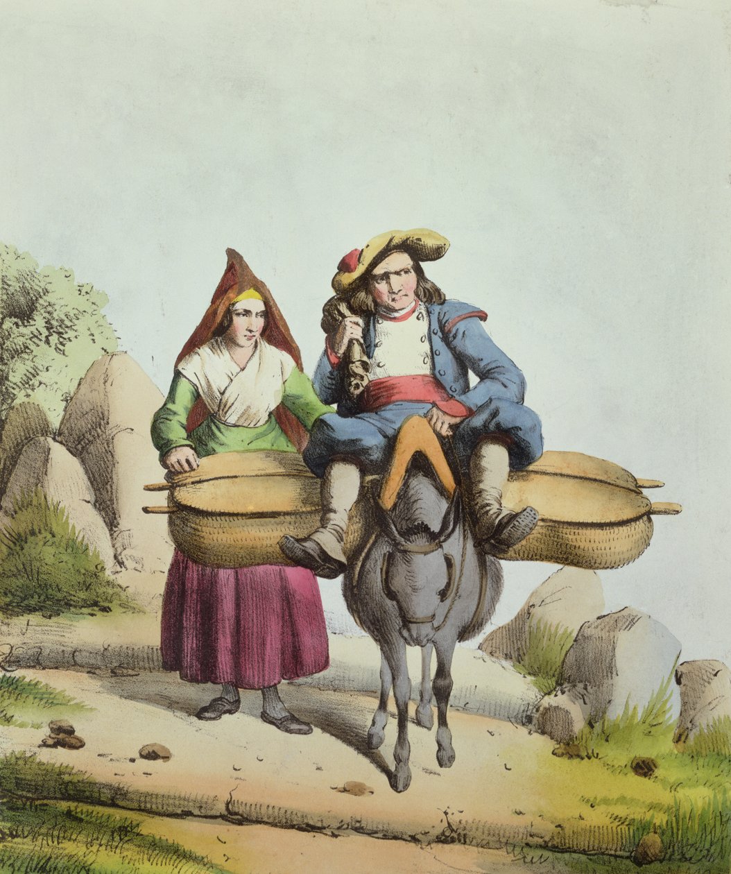 Prodejci sýrů z oblasti Tarbes, kolem roku 1840 (barevné rytí) od French School