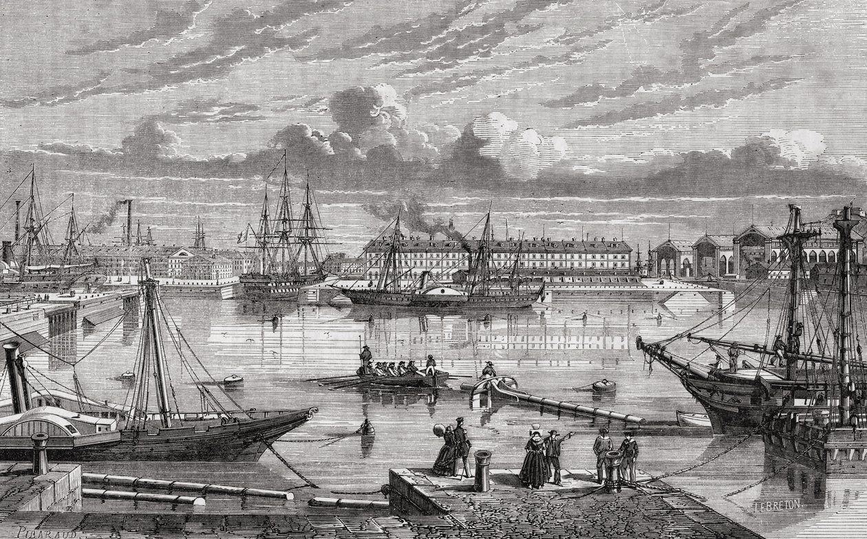 Cherbourg v 18. století, vyrytý Le Bretonem po Pibaraudovi, z „Histoire de la Revolution Francaise“ od Louise Blanca (1811-82) od French School