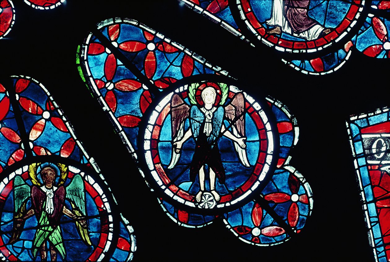 Cherubíni na kole, detail ze severního růžicového okna, asi 1223 od French School