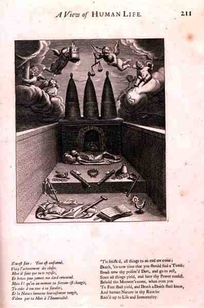 Cherubíni přicházejí, aby odnesli ducha, ilustrace z knihy "Pohled na lidský život" z "Nauk o morálce" od Marina Le Roy de Gomberville (1600-1974), vyryl Daret (rytina) od French School