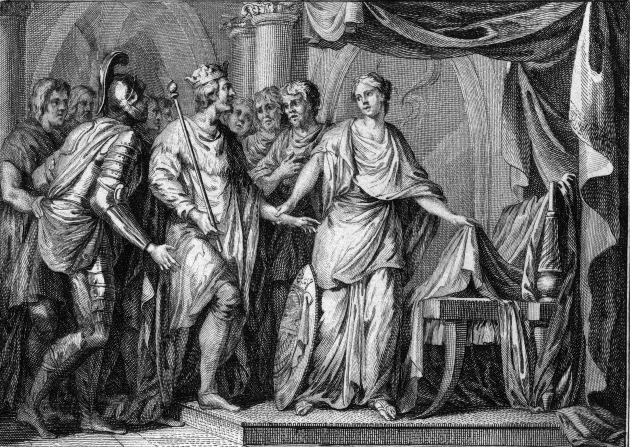 Childebert II. (570-596), král Austrasie, se po smrti Gontrana I. v roce 592 zmocnil království Burgundska a Orléans. Rytina z 18. století. od French School