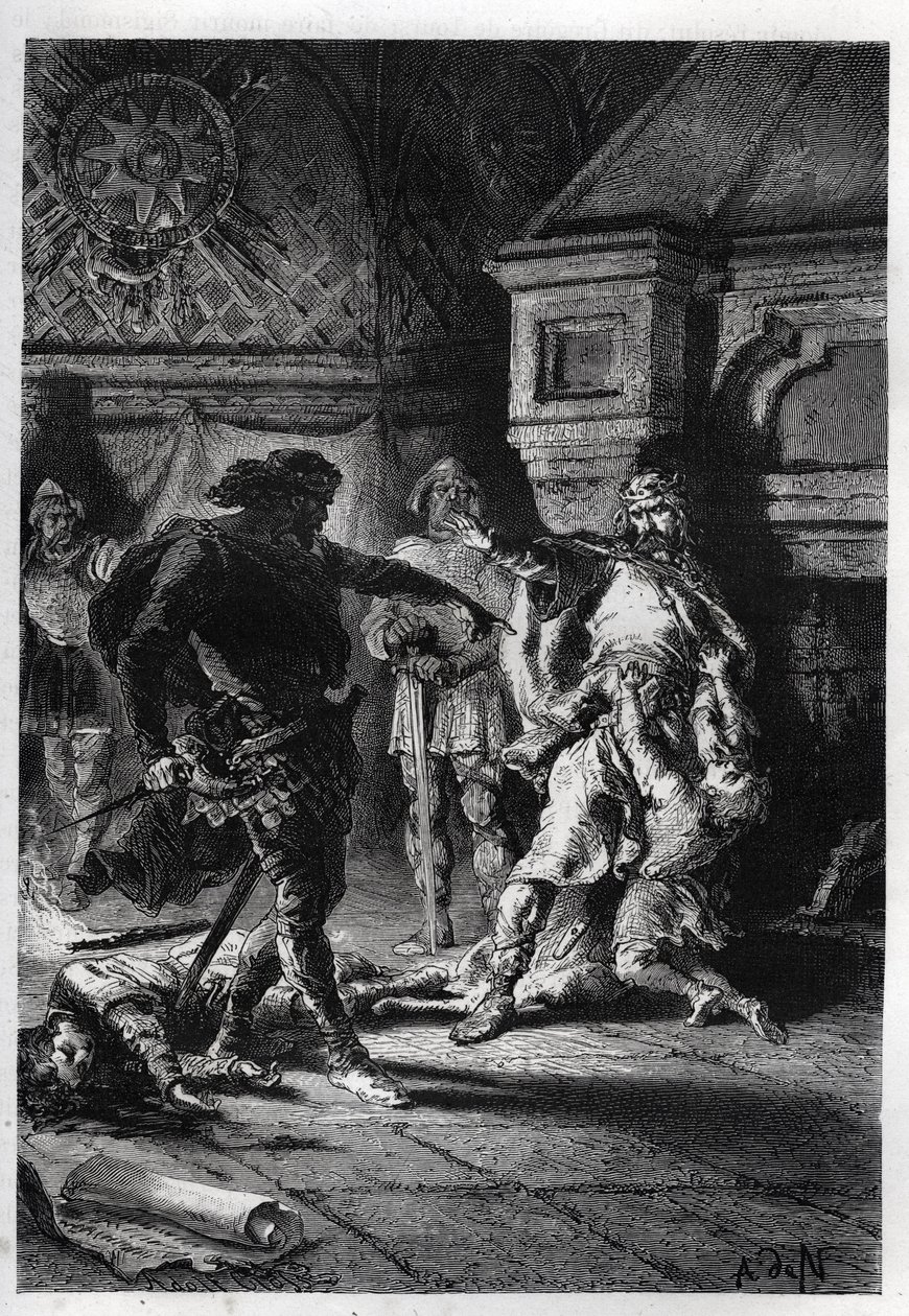 Childebert I. (c498-558) při vraždě dědiců svých bratrů en 526 - Childebert I. nechal Clotaire (Clothaire) zmasakrovat děti jejich bratra Clodomira, krále Orleans, jehož státy sdílejí, 526 - rytina z „“ L