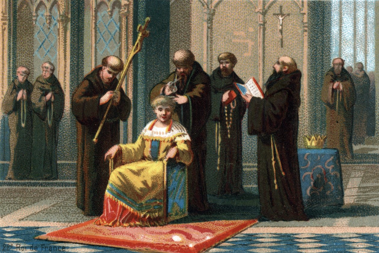 Childeric III., král v letech 742 až 752, v klášteře Saint Bertin, poblíž Saint-Omer, kde byl zavřen starostou australského paláce Charlesem Martelem, 737. Chromolitografie kolem roku 1890. od French School