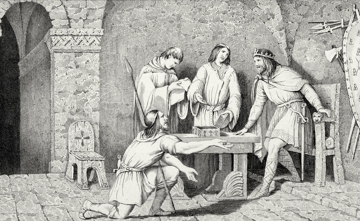 Childeric I († 481) a Příběh dvou polovin zlaté mince, z „Histoire de France“ od Colarta, vydáno kolem roku 1840 od French School