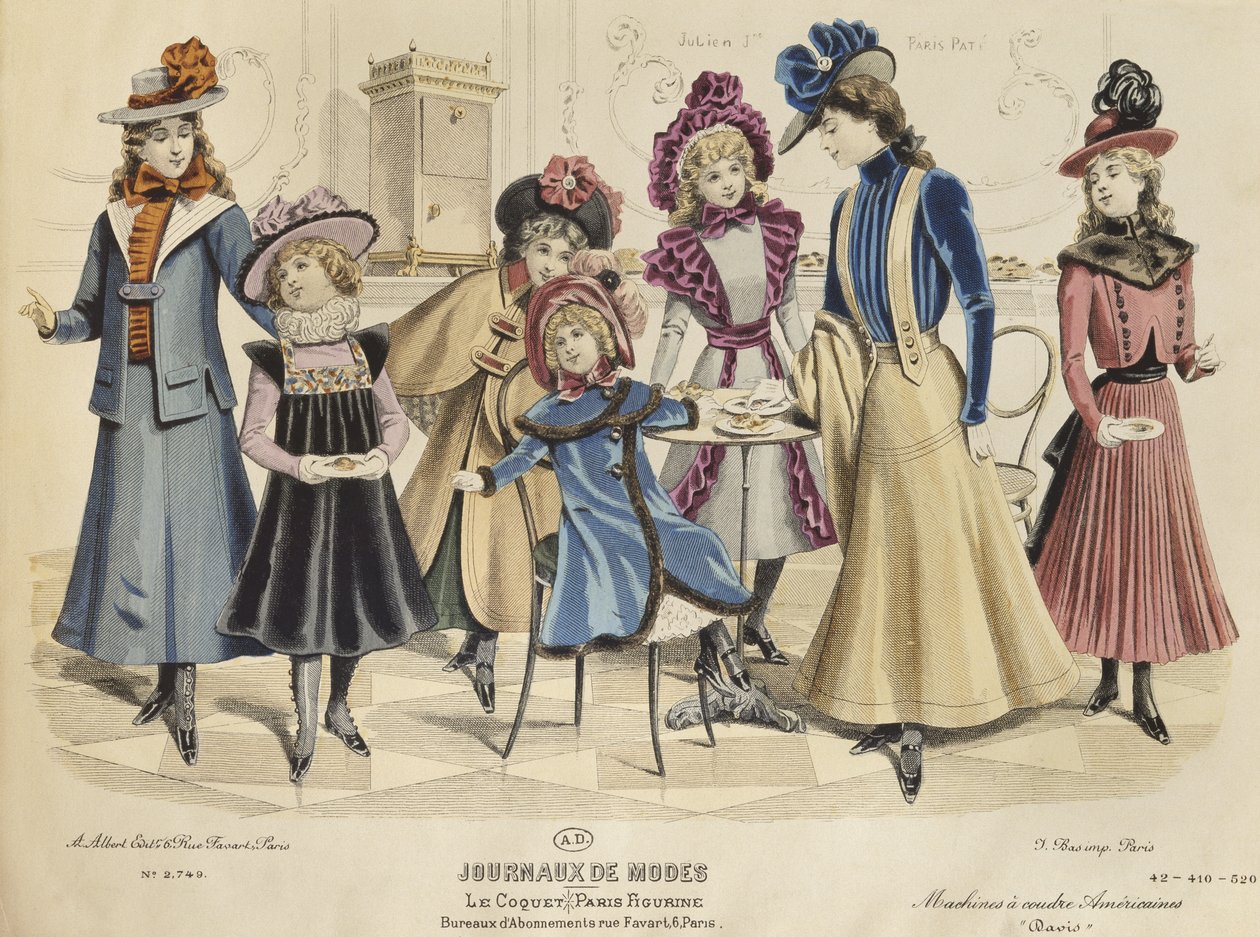 Dětské kostýmy, ilustrace z Journaux de Mode, říjen 1898 (barevná rytina) od French School