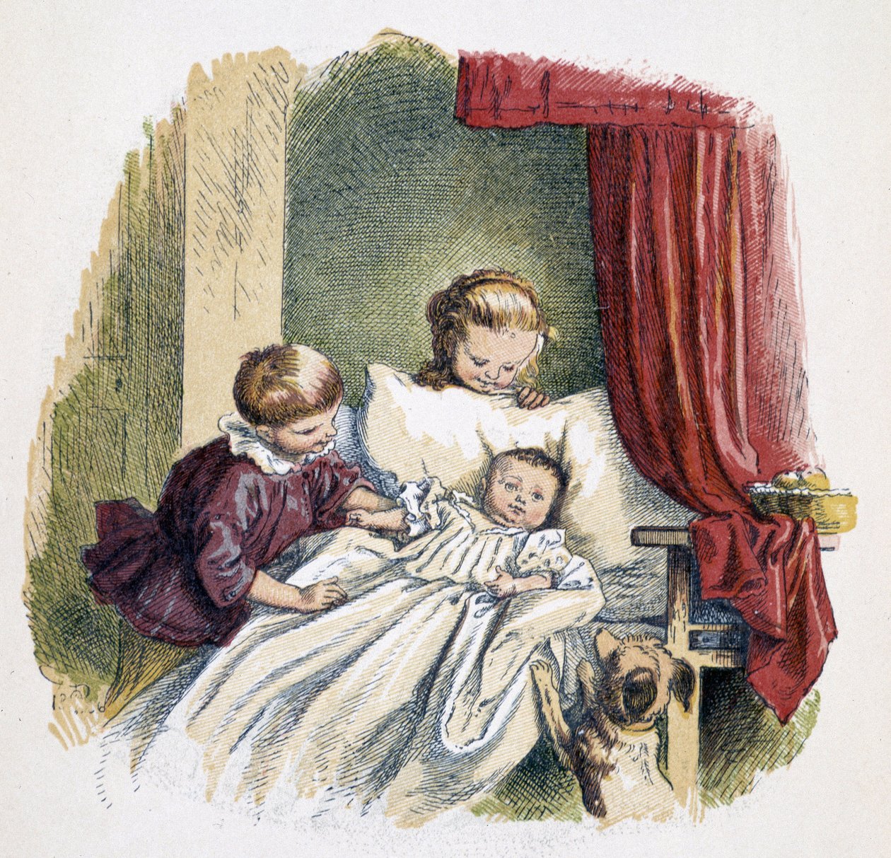Děti si hrají s panenkou v dětských hrách „Schnick, schnack, drobnosti pro nejmenší“. vyd. Londýn – Georges Ronthedge a synové. New York, Široká cesta Ludgate n.d. C. 1890. od French School