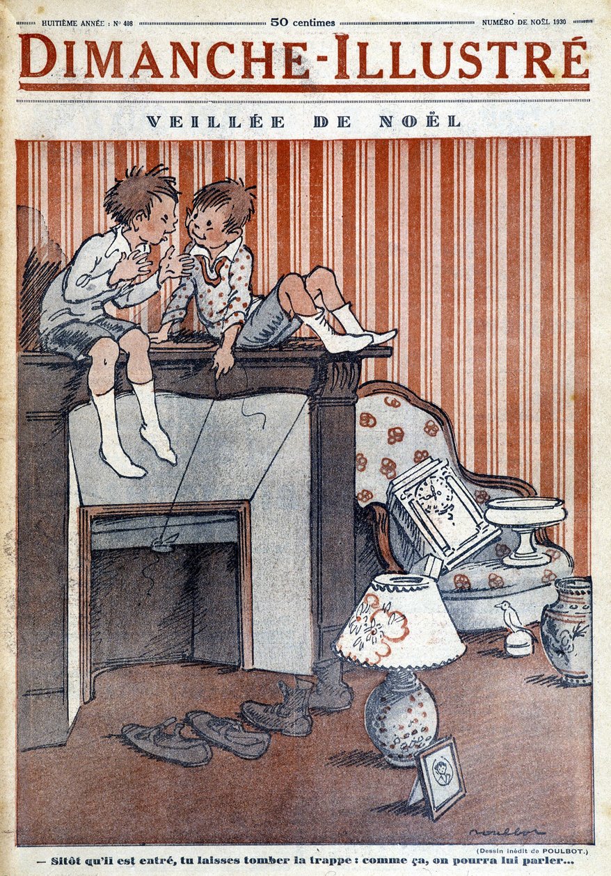 Děti sedící na komíně a chystající past na Ježíška, pro vánoční noviny "Le Dimanche illustrious" z roku 1930 (rytina). od French School
