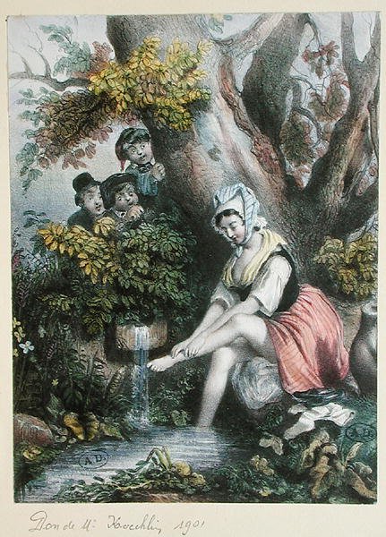 Děti špehují mladou dívku, která si myje nohy v potoce. C. 1840 (barevné lito) od French School