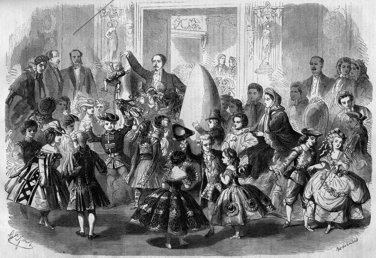 Dětský ples pořádá na počest Evžena Ludvíka Napoleona (1856 - 1879), syna Napoleona III. Paříž, 3. dubna 1861. Princ Imperial (uprostřed) je zklamán jako Pierrot. Rytina v „“ Le Monde Illustré““ č. 210 z 20. dubna 1861. od French School