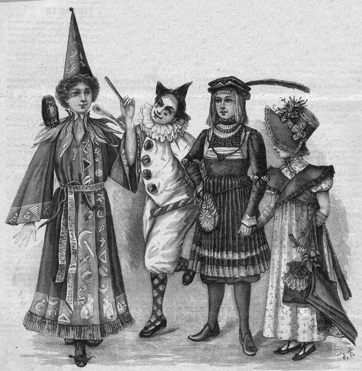 Dětské oblečení: kostýmy čarodějnic, klaun, stránka a „Impérium“. Rytina v „La gazette du dimanche““ z 23. ledna 1896. od French School