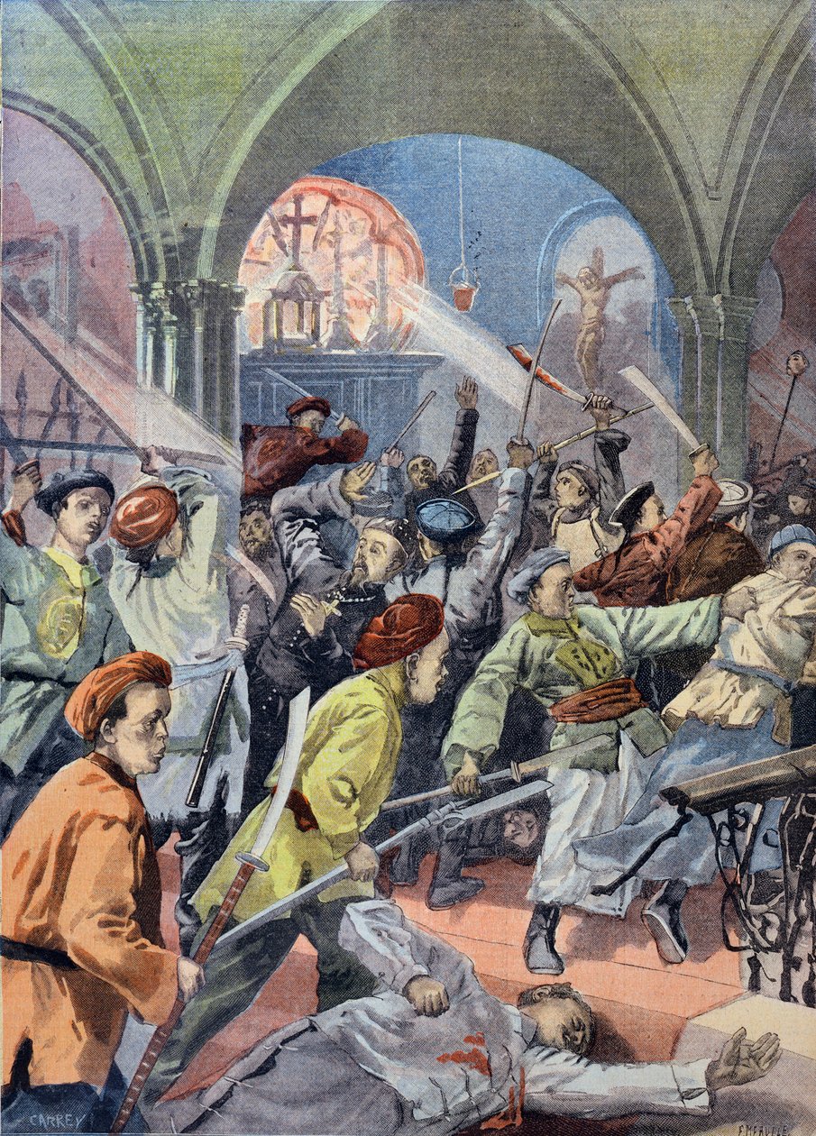 Čínští křesťané zmasakrováni v Mukdenu boxery, z Le Petit Journal, srpen 1900 od French School