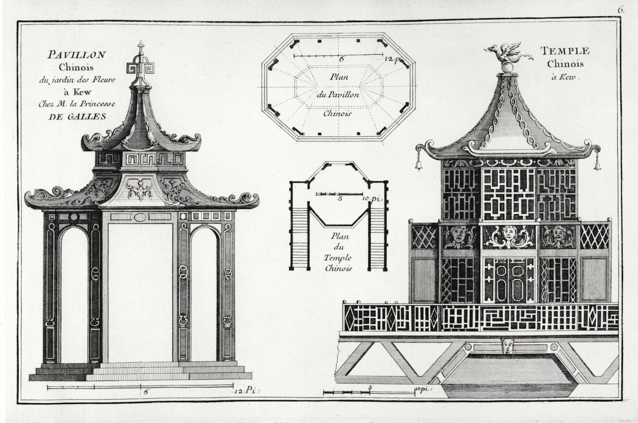 Čínský pavilon v Květné zahradě v Kew, z Jardins Anglo-Chinois a la Mode, od George Louis le Rouge, vydáno kolem 1776-88 od French School