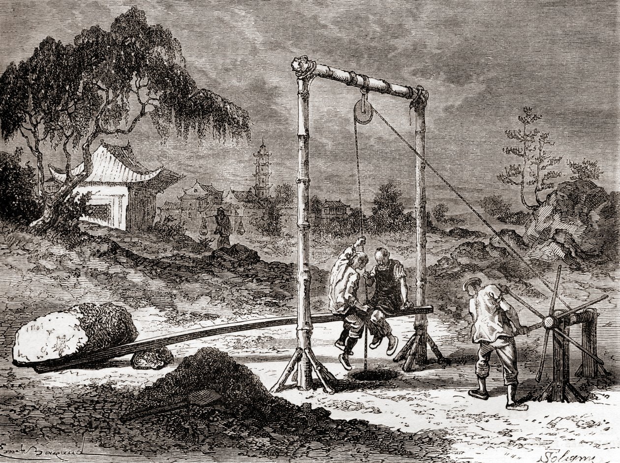 Čínští dělníci v 19. století kopali studnu na těžbu slané vody z „Les Merveilles de la Science“, publikované kolem roku 1870 (rytina) od French School