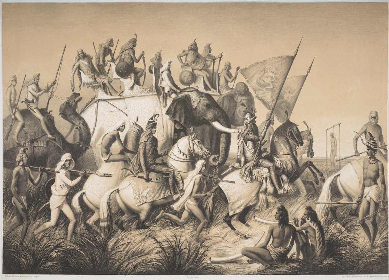 Chir Singh, mahárádža Sikhů s králem Paňdžábu a jeho družinou z „Voyage in India“, kolem roku 1850 (litho) od French School