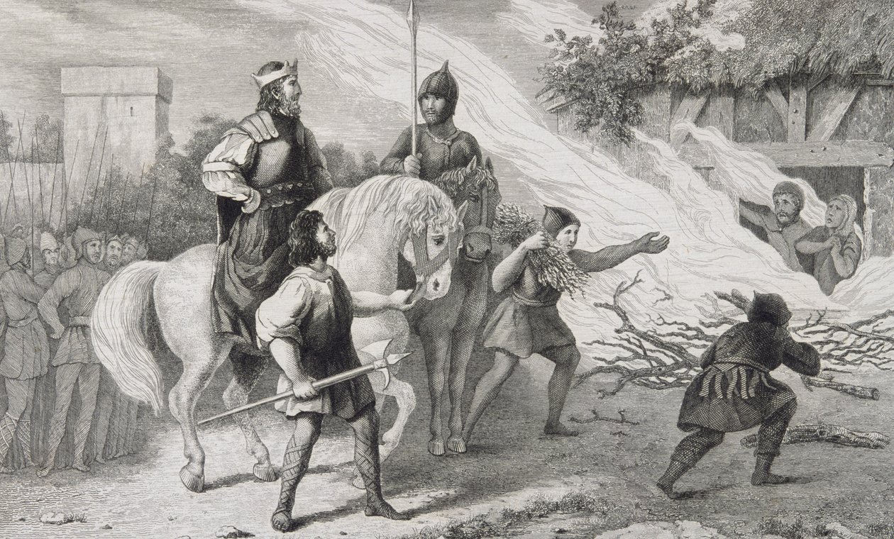 Chlotaire I (497-561) upaluje svého vzpurného syna a rodinu, z „Histoire de France“ od Colarta, vydaného kolem roku 1840 od French School