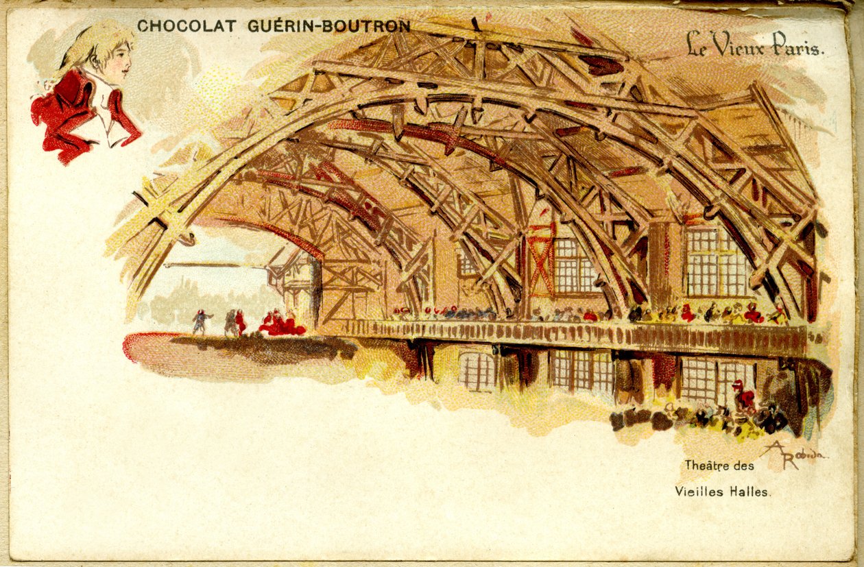 Čokoládová chromolitografie Čokolády Guerina Boutrona, STARÁ PAŘÍŽ, Théâtre des Vieilles halles od French School