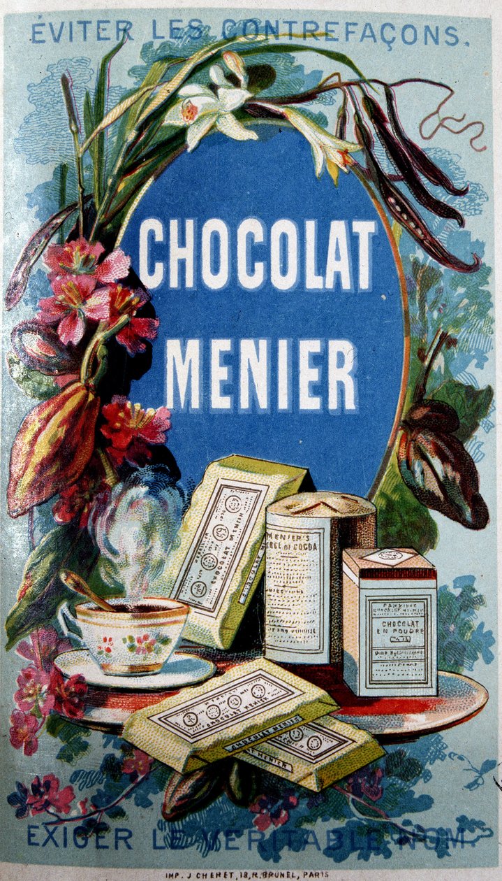 Reklama na čokoládu „“ Menier““ se zmínkou „“Vyhněte se falšování“““ od French School