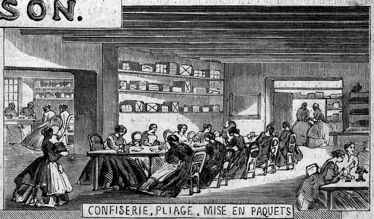 Výroba čokolády: cukrovinky čokoládových bonbónů, skládací dílna a balení. Usine de M. Masson, Paříž od French School