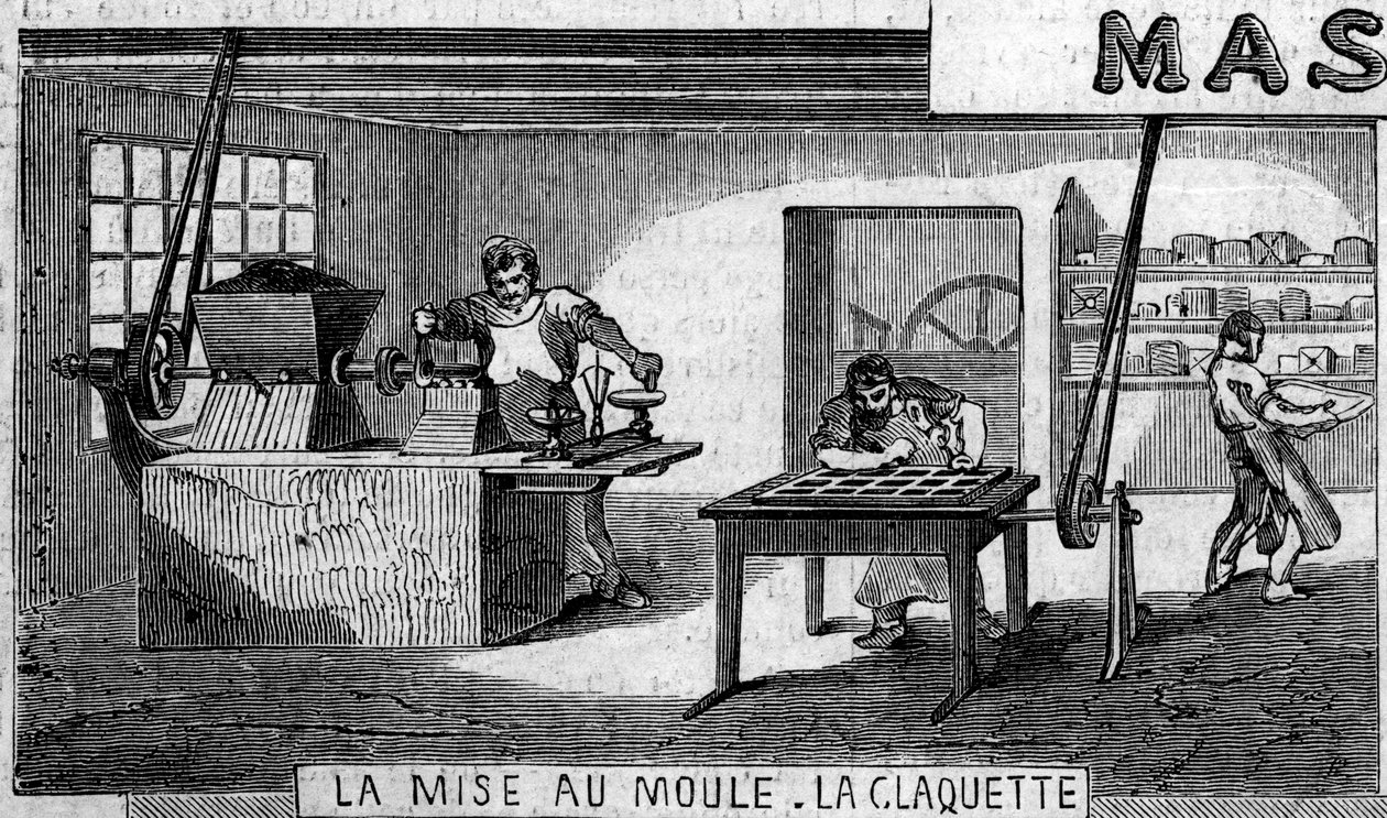 Výroba čokolády: vážení a formování, výčep. Usine de M. Masson, Paříž od French School