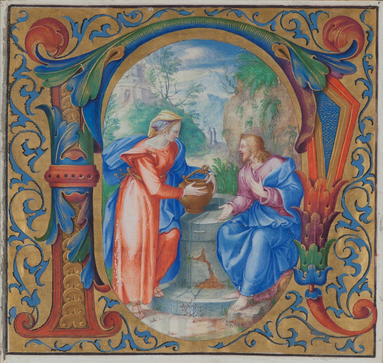 Kristus a žena Samaří u studny (tempera na pergamenu) od French School
