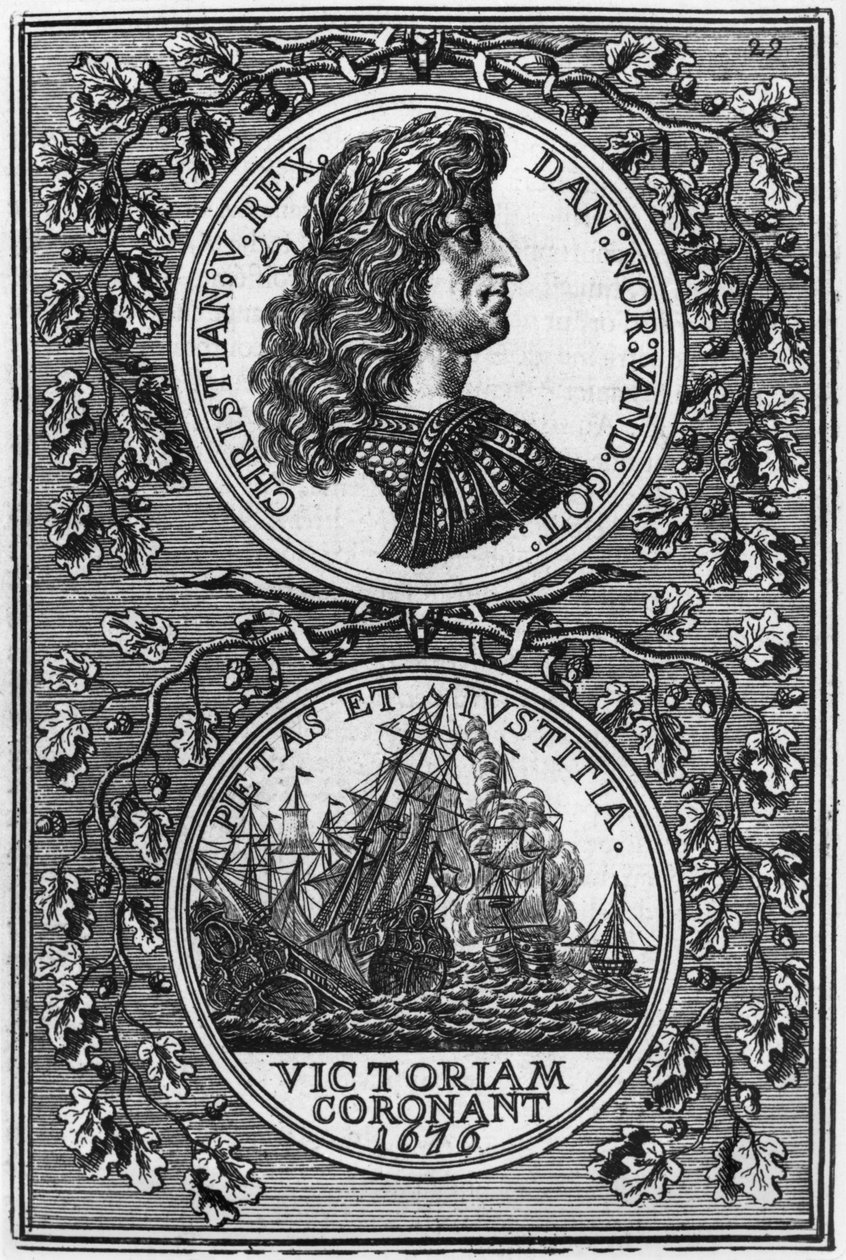 Christian V (1646-99) král Dánska a Norska, ilustrace z Description de lUnivers od Allaina Manessona Malleta (1630-1706) vydané v Paříži, 1683 od French School