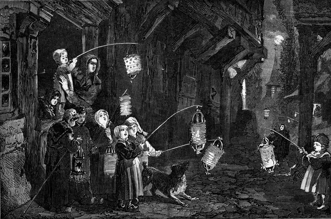 Křesťanský zvyk - Epiphany - 1860: děti z vesnice v Normandii s lucernami procházejícími ulicemi. Rytina v „“ Le Monde Illustré““ č. 143 ze 7. ledna 1860. od French School