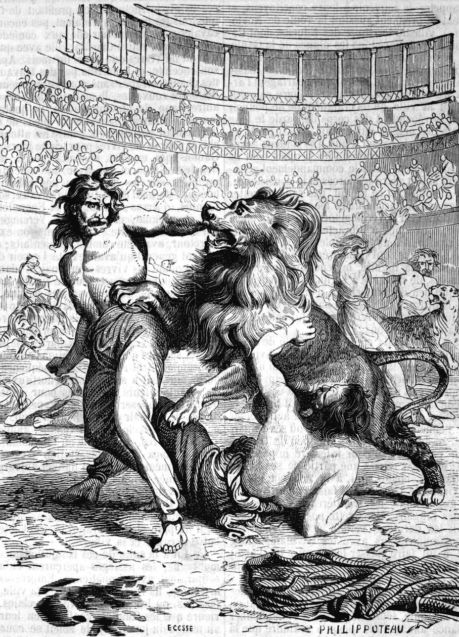 Křesťané vystavení zuřivým zvířatům v amfiteátru v Lyonu - v „Histoire de France“ od L.-P. Anquetil od French School