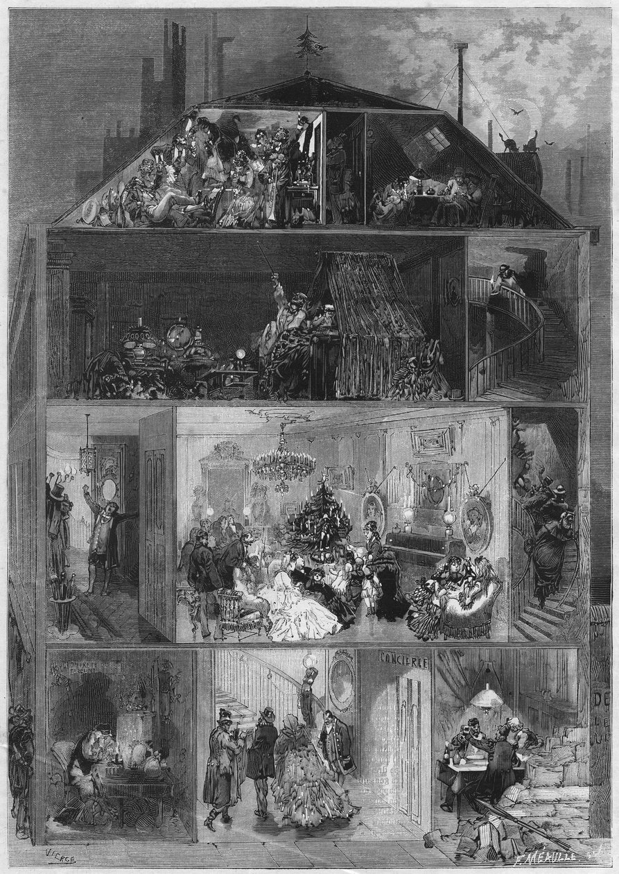 Štědrý večer: průřez pařížskou budovou představující různé způsoby, jak oslavit Silvestra. Rytina v „“ Le Monde Illustré““ č. 810 z 19. října 1872. od French School