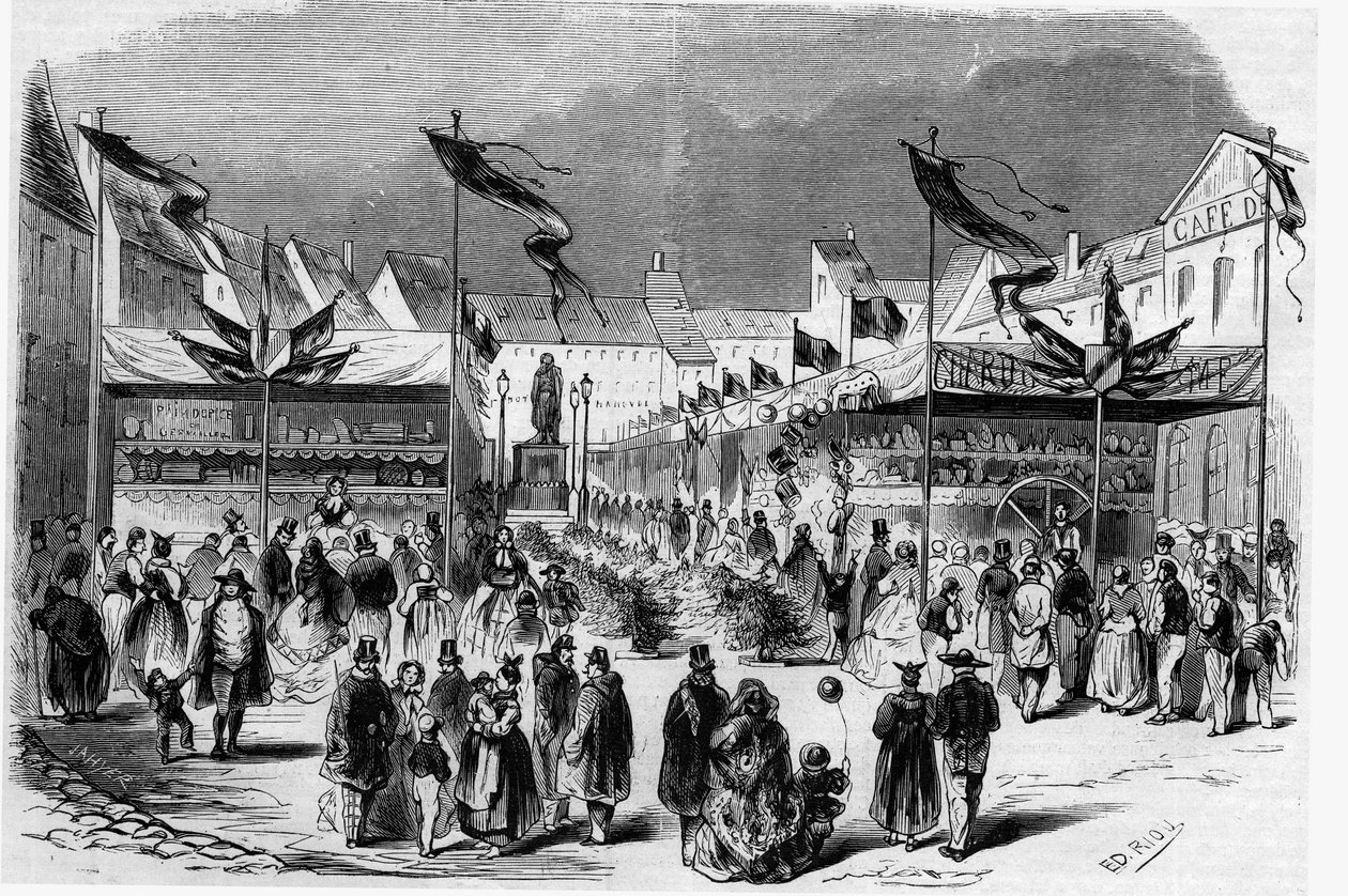 Vánoční festival v Alsasku: vánoční jarmark (malého Ježíška) ve Štrasburku v roce 1857. Rytina v „“ Le Monde Illustré““ č. 38 z 2. ledna od French School