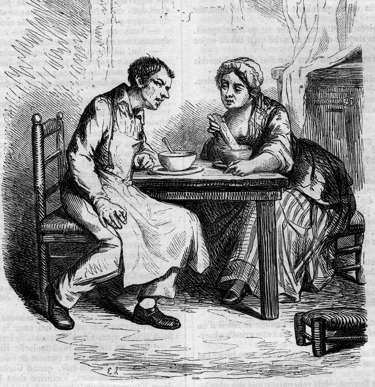 Christophe a tlustá Sylvie: sluhové snídají. Rytina poloviny 19. století. Ilustrace k „Otec Goriot“ od Honore de Balzac (1799-1850). od French School