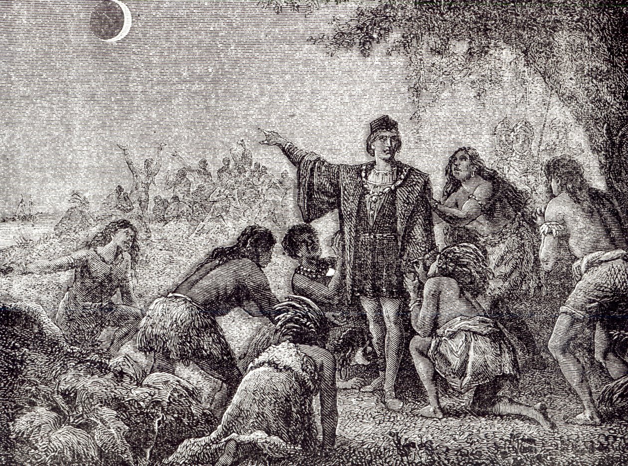 Kryštof Kolumbus předpovídá obyvatelům Jamajky zatmění Měsíce v roce 1504 od French School