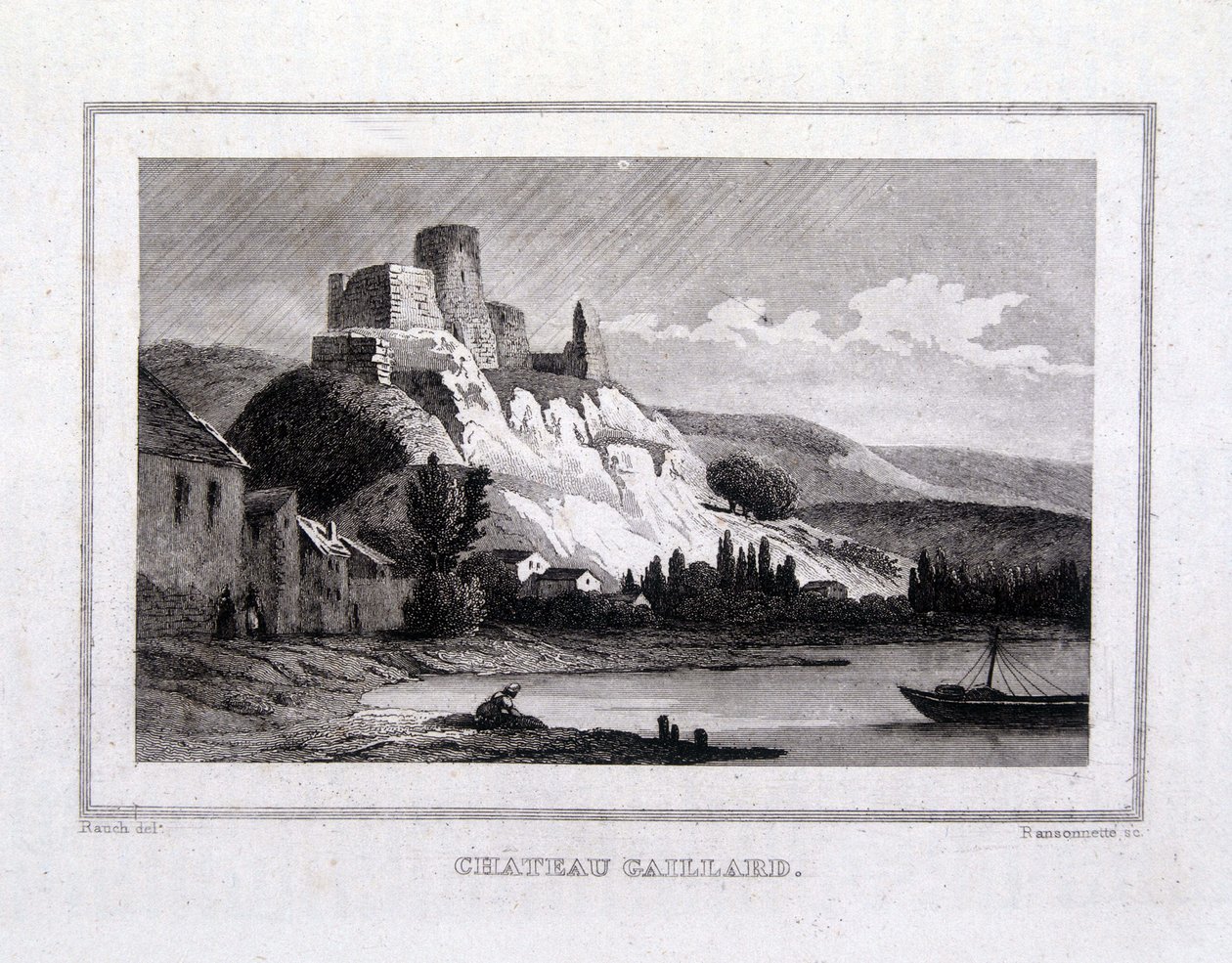 Château Gaillard při pohledu od Seiny - rytina od French School