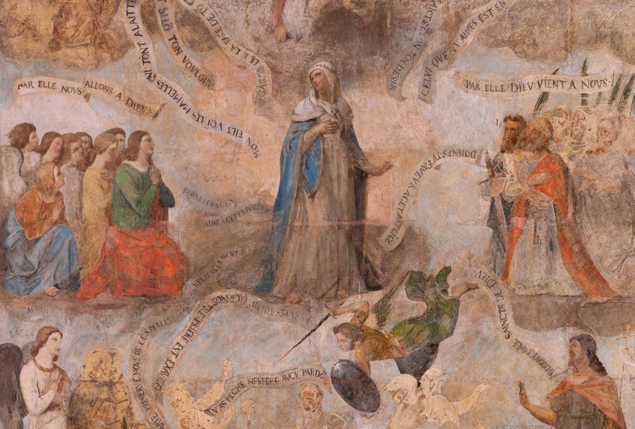Kostel (kostel sv. Jana Křtitele). Interiér. Kaple Saint-Fursy. Nástěnné malby. Oslava Marie (freska známá jako dobrá smrt). Začátek 17. století. od French School