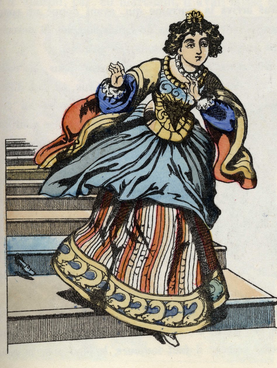 Popelka prchající z plesu, objeví se její skleněná bota. Ilustrace příběhu Charlese Perraulta „Popelka aneb La petite slipper de verre“ od French School